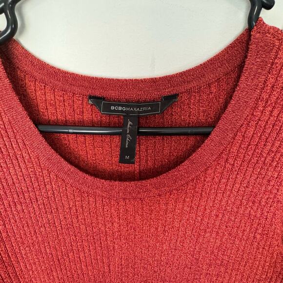 BCBGMAXAZRIA Rust Ribbed Knit Long Sleeve Dress Cutout Shoulder Slit - Picture 5 of 7